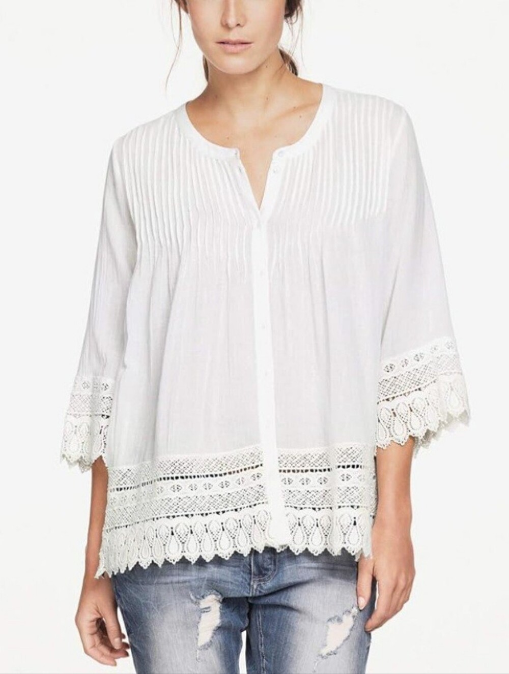 American Eagle Outfitters White Boho Crochet Lace Pleated Blouse Size M